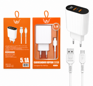 CARREGADOR COM CABO TIPO C 2 PORTAS USB 5.1A ALTOMEX